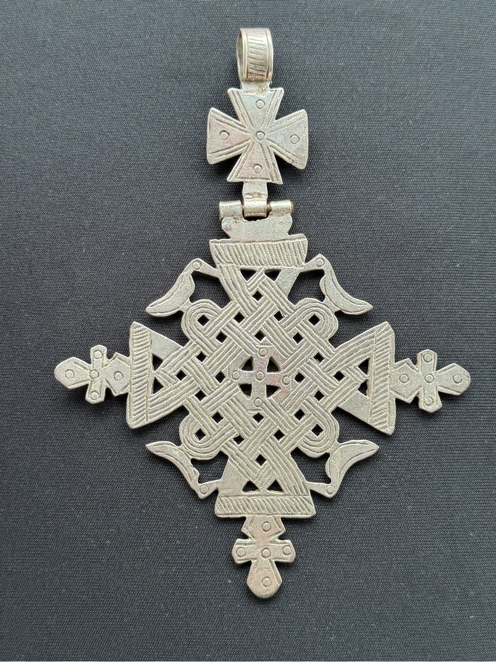 Vintage Ethiopian Cross Pendant Birds Large 5” Heavy 42g Silver Hinged Bale - Picture 4 of 6